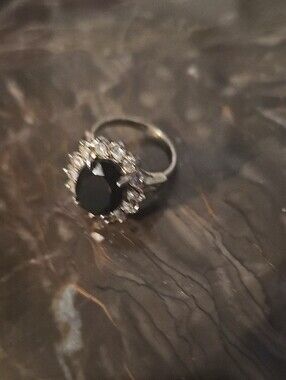 AVON Silver Crystal Halo Ring with Black Center Stone